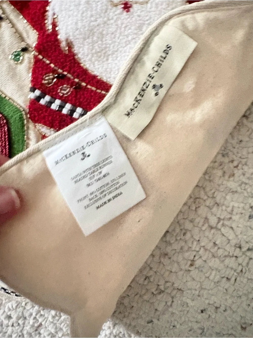 Mackenzie Childs Santa with Tree Lights Beaded Table Runner NEW